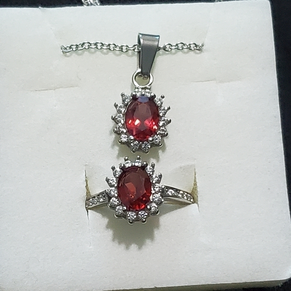 Red Garnet White Zircon Necklace Ring Set Stainless Steel